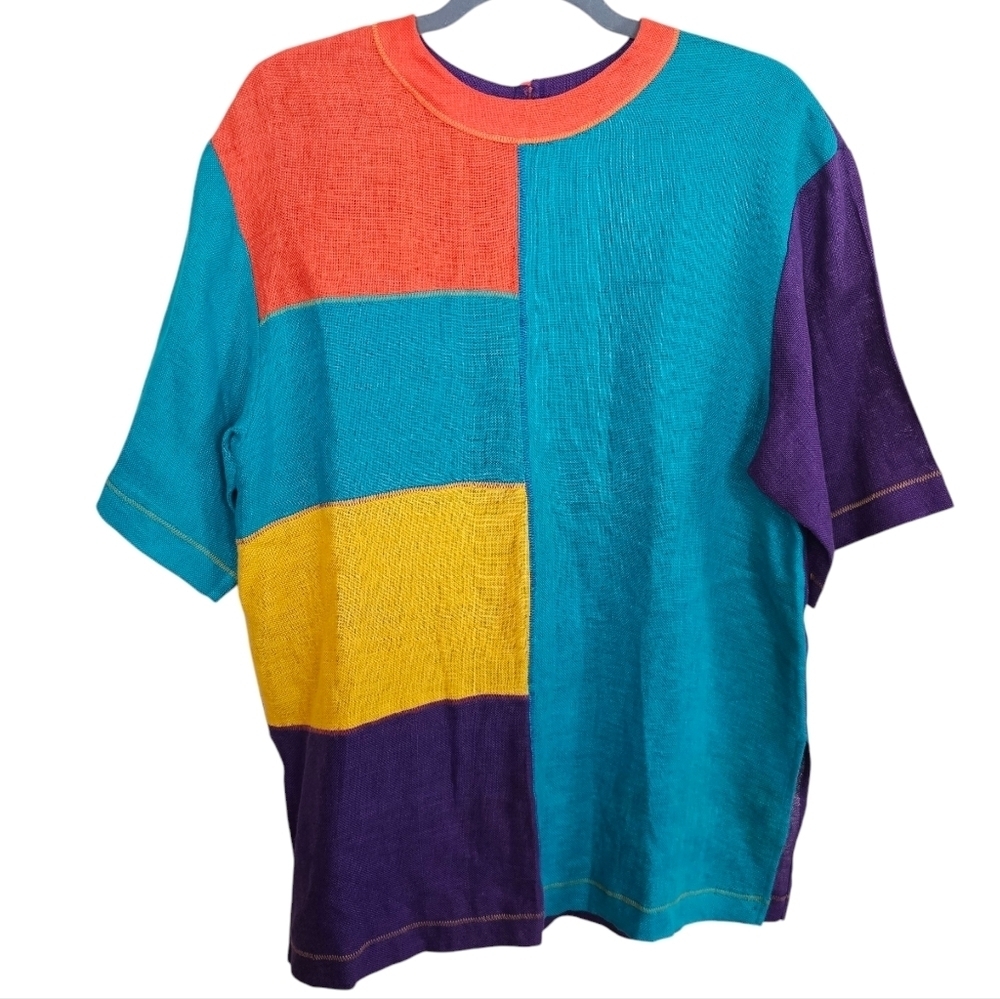 100% Linen Lagenlook Colorblock Vintage Blouse Top Colorful Artisy Oversized